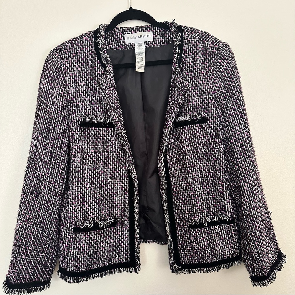 Sag Harbor Purple Black Silver Hook &‎ Eye Tweed Suit Jacket Velvet Trim Size 14